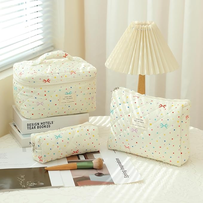 3Pcs Quilted Makeup Bag, Cute Floral Cotton Cosmetic Bag set, Coquette Bow Makeup Pouch Large Travel Toiletry Bag