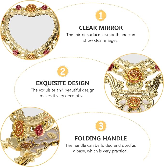 Beaupretty Hand Mirror Vintage Handheld Mirror Heart Shaped Travel Mirror Salon Barber Hairdressing Mirror Cosmetic Mirror for Pocket Purse Birthday Golden