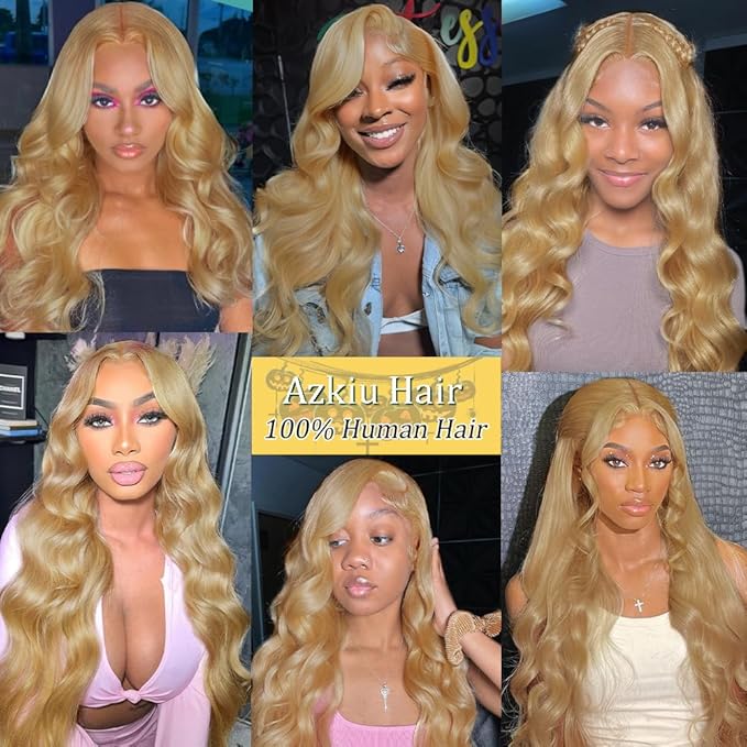 Azkiu Honey Blonde Lace Front Wigs Human Hair 13x4 Body Wave 27# HD Transparent Lace Front Wig Human Hair Pre Plucked with Baby Hair 150% Density Brazilian Virgin Lace Frontal Wigs 32Inch