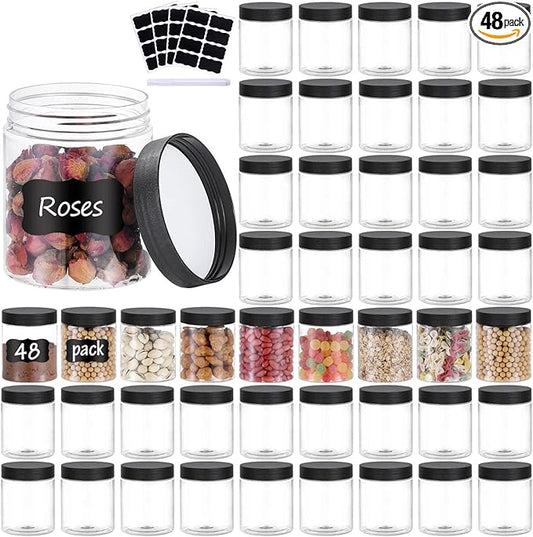 48PCS 8OZ Plastic Jars with Screw On Lids, Pen and Labels Refillable Empty Round Slime Cosmetics Containers for Storing Dry Food, Makeup, Slime, Honey Jam, Cream, Butter, Lotion