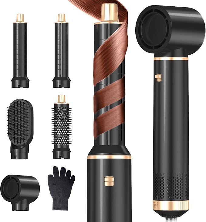 5 in 1 Hair Dryer Brush Hot Air Curling Brush Negative Ion Air Styler,Multi Function Blow Dryer Brush with Curling Wand, Straightening Brush, and Volumizing Hot Air Brush for All Hair Types(Black)