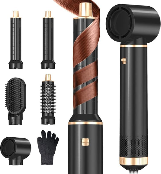 5 in 1 Hair Dryer Brush Hot Air Curling Brush Negative Ion Air Styler,Multi Function Blow Dryer Brush with Curling Wand, Straightening Brush, and Volumizing Hot Air Brush for All Hair Types(Black)