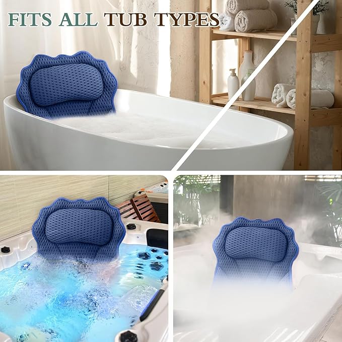 Bath Pillow RUVINCE Ergonomic Luxury Bathtub Pillow with Head,Neck, Shoulder and Back Support, 4D Bath Pillows for tub with 6 Powerful Suction Cups, Fits All Bathtub, Spa Tub, Hot Jacuzzi (Dark Blue)