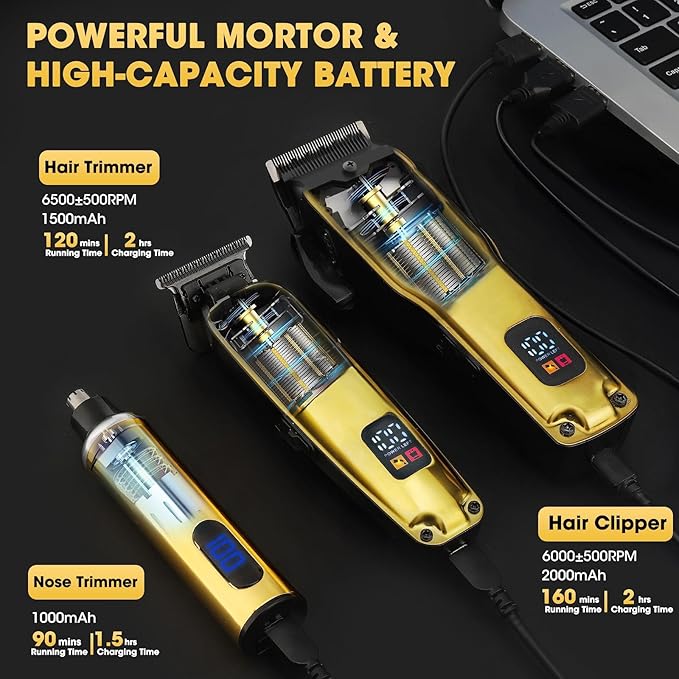 4-in-1 Hair Clippers for Men, Professional Cordless Barber Hair Cutting Kit, T-Blade Trimmer, Electric Foil Shaver, Nose Hair Trimmer, LCD Display, Grooming Gift Set (Gold)
