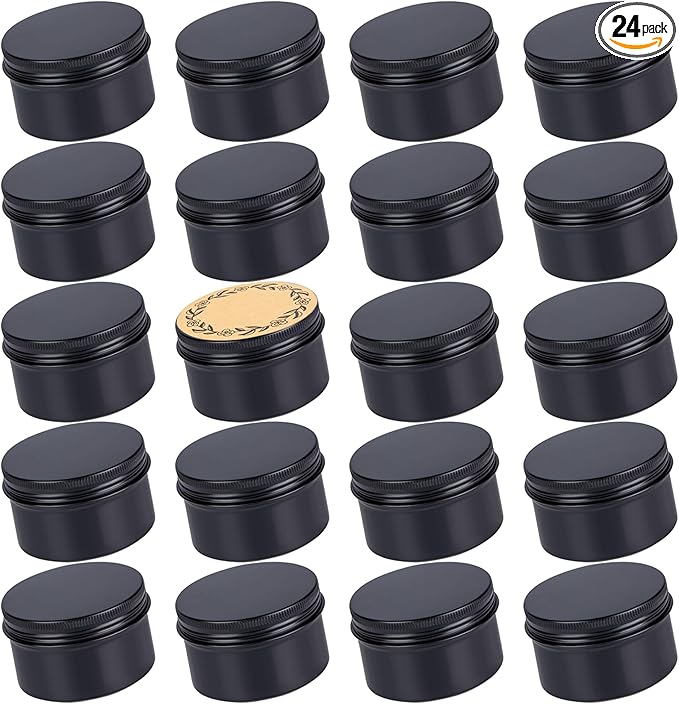 24 Pack 4oz Screw Top Aluminum Tin Jars with Screw Lids and Blank Labels - Refillable 120ml Metal Containers for Lip Balms, Candles, Salves, Spices, Crafts (Black)