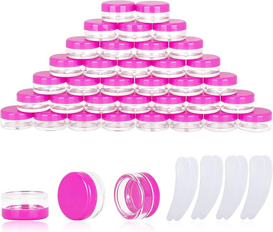 100PCS 3 Gram Sample Containers, 3ml Empty Jars with Lids, Small Cosmetic Containers, Mini Sample Jars with 8PCS Mini Spatulas for Make Up, Oils, Lotion, Powder, Paint, Jewelry, Lip Balms(Pink Lid)