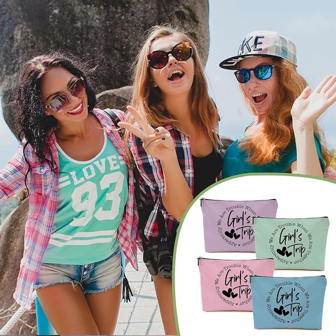 4Pcs Girls Trip Gifts Favors, 2025 Girls Weekend Gifts Funny Makeup Bag, Bestie Gifts Weekend Bag Vacation Cosmetic Bag, Friendship Gifts for Women Friend BFF, Graduation Wedding Gifts Toiletry Bag