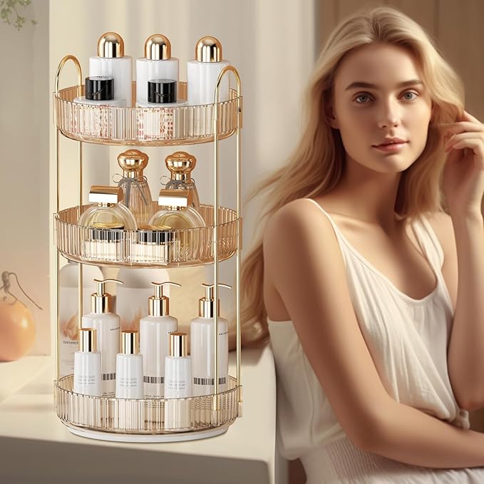 360° Rotating Makeup Organizer for Vanity - 3 Tier Perfume Organizer with Large Capacity - Skincare Organizer for Bathroom Counter - Space-Saving Cosmetic Storage for Dresser Countertop (Gold)