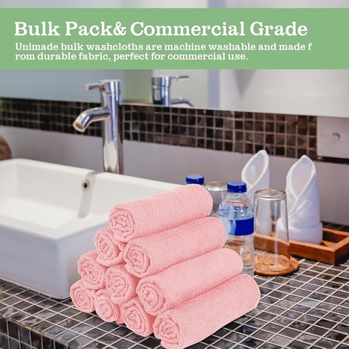 Washcloths Bulk - 100 Pack - Face Towel (12" x 12"), Highly Soft Wash Cloth and Hand Towels, Fast Drying Multi-Purpose Microfiber Cleansing Cloths for Bathroom, Hotel, Spa, and Salon - Pink