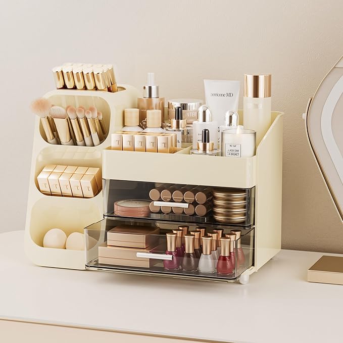 Delamu Makeup Organizer with Drawers for Vanity, Spacious Cosmetic Display Case with Makeup Brush Holder, Perfect Vanity Bathroom Organizer and Storage Solution for Skincare & Beauty Essentials, Beige