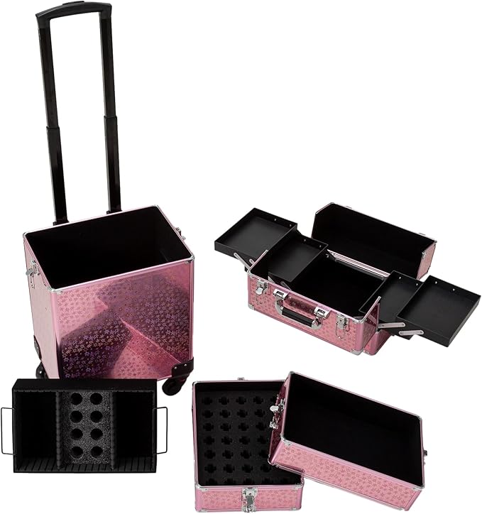 4 in 1 Portable Traveling Aluminum Professional Makeup Trolley Cart with Multiple-Sized Compartments and Wheels (pink with star)