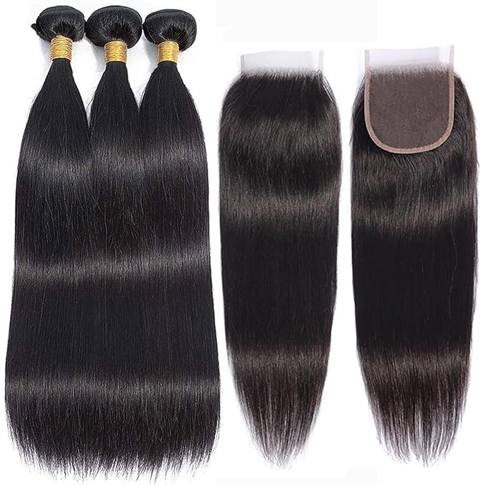 10A Straight Bundles with Closure 12 14 16 with 10 Inch Human Hair Bundles with Closure 100% Unprocessed Brazilian Virgin Human Hair Weave with Closure HD Lace
