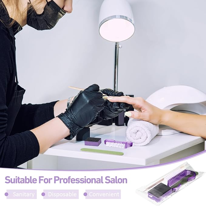 100 Sets Professional Disposable Manicure Kit Basics 4 Piece Nail Kit Wood Nail File 100/180 Grit, Mini Buffer 80/100 Grit, Wood Stick and Handle Grip Brush Gifts(Purple)