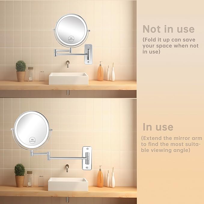 JANEEVA 10X Wall Mounted Lighted Makeup Mirror, Rechargeable Double Sided 1X/10X Magnifying Vanity Mirror with 3 Color Lights, Touch Dimmable, Extended Arm 360° Rotation, 8 inch