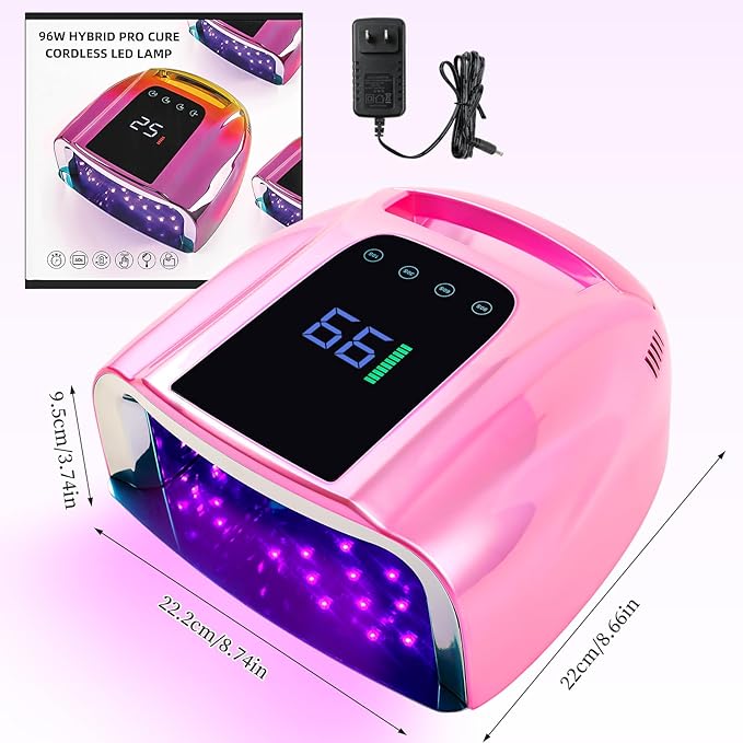 96W Rechargeable UV LED Nail Lamp, Portable Cordless UV Light for Nails with LCD Display Auto Sensor, 4 Timer Setting and Smart Sensor Nail Dryer,Nail Cure Light with Removable Bottom(Pink)