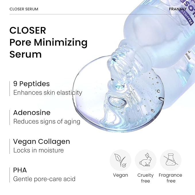 FRANKLY Closer Serum | Pore Minimizer Serum | 9 Peptides, Vegan Collagen, Adenosine, PHA | Korean Pore Minimizer for Glass Skin, Anti-Aging, Hydration, Elasticity | 1.01 fl oz