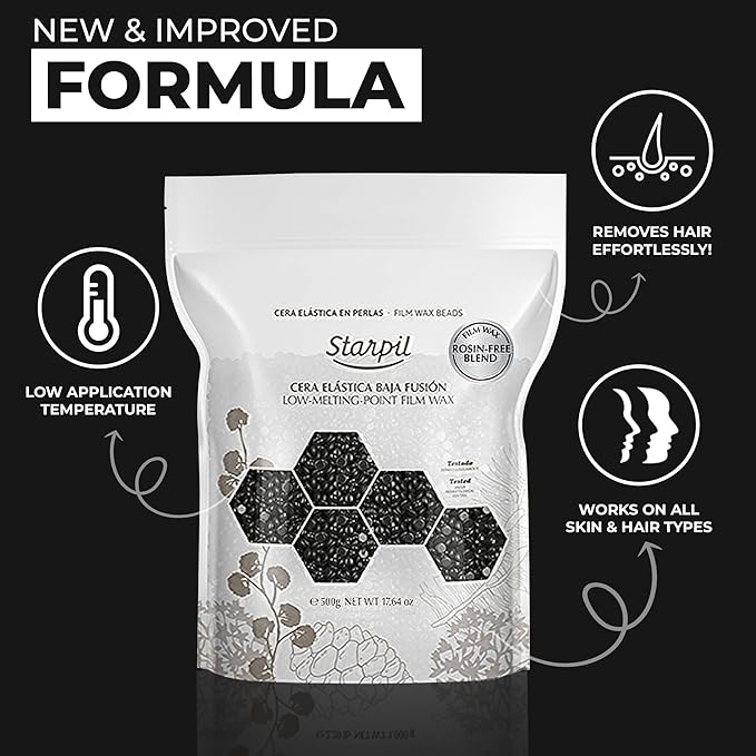 Starpil Wax 500g / 1.1 lb Rosin Free Black Hard Wax Beads for Painless Hair Removal, Strip less Body Wax Beans, Polymer Blend Bikini Wax for Face, Coarse Hair Removal Wax Beans for Sensitive Skin