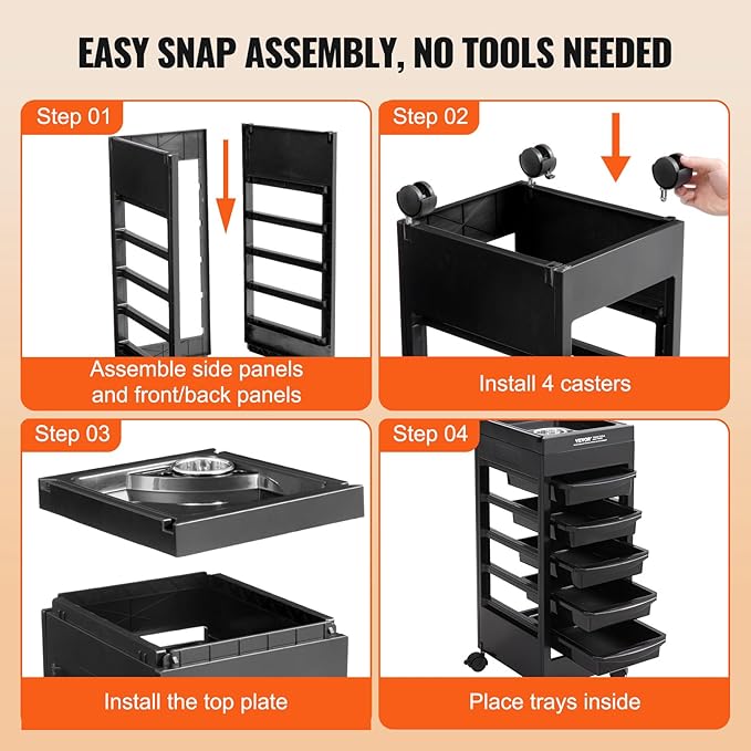 VEVOR Beauty Salon Trolley Cart, Plastic Salon Rolling Cart for Stylist with 5 Removable Drawers & Dryer Holder, Rolling Hairdressing Cart with 4 Wheels (2 Lockable) for Beauty SPA Barbershop