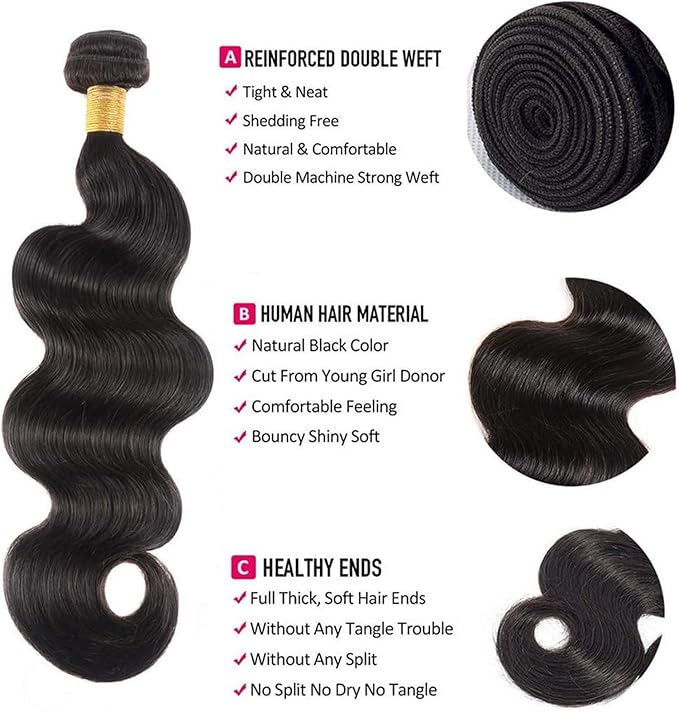 12A Human Hair Bundles 14 16 18 Inch Body Wave Bundles Human Hair 100% Unprocessed Brazilian Virgin Hair 3 Bundles Deals Weave Extensions Real Human Hair Natural Black Color Bundle