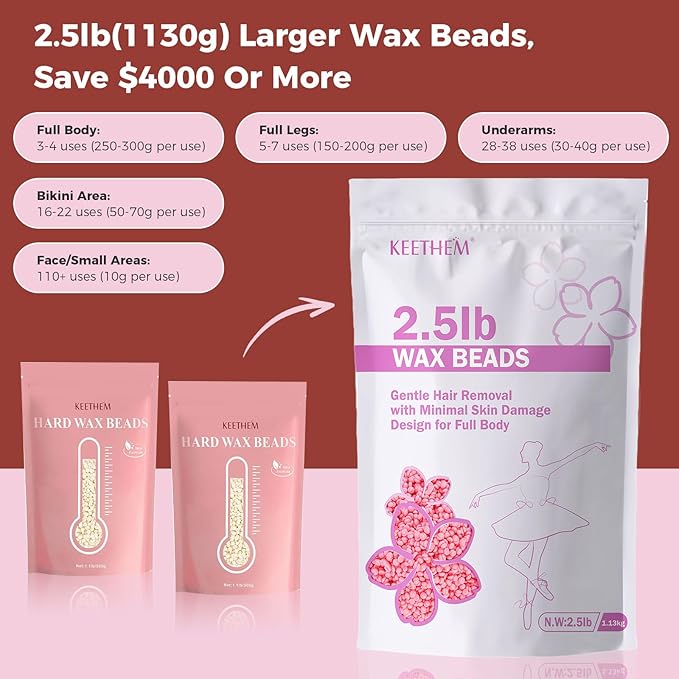 Wax Beads, Hard Wax Beads Hair Removal - 2.5 lbs Wax Beads for Sensitive Skin - Hard Wax Recommended for Full Body Bikini Brazilian Waxing (Rose)