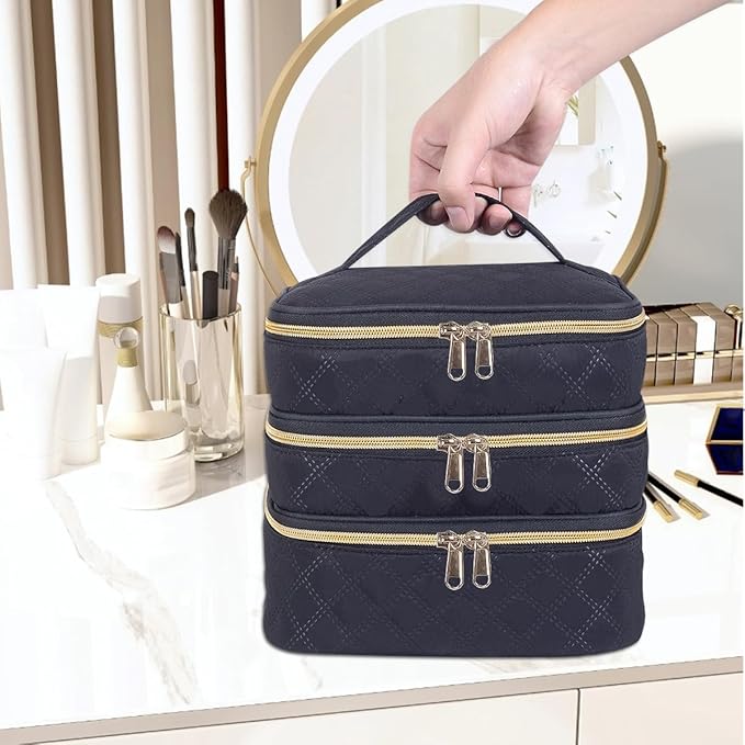 Large Makeup Bag 3 Layers with Handle Travel Makeup Bag Organizer Toiletry Accessories Bottles, Brushes, and Skin Care Products (Blakc)