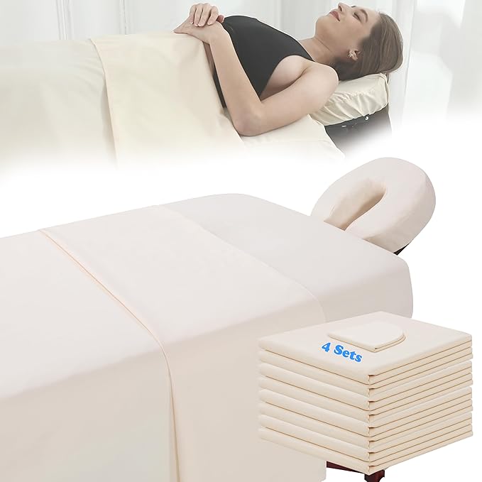 4 Sets Microfiber Massage Table Sheet Sets 3 Pcs Massage Bed Cover Soft Wrinkle Free Includes Massage Fitted Sheet,Massage Sheets and Face Cradle Cover for SPA Beauty Salon Tattoos (Beige)