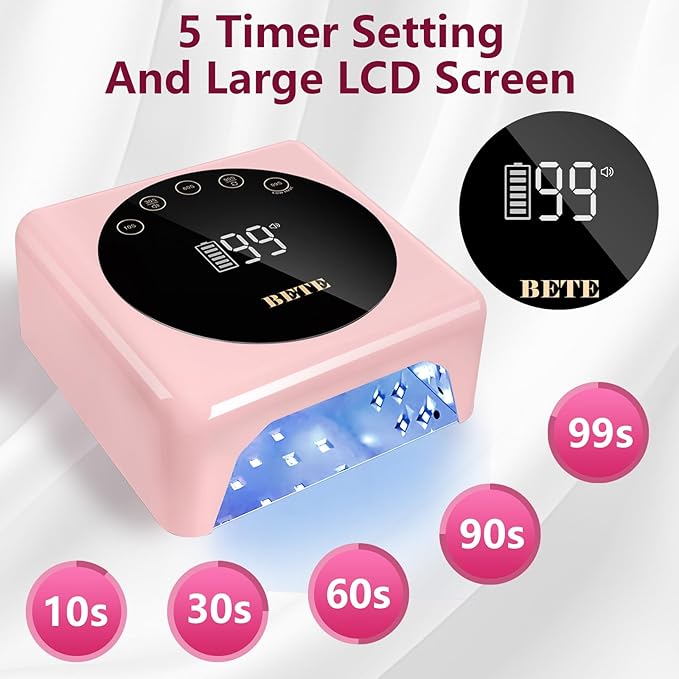 BETE Cordless LED Nail Lamp, 78W Rechargeable UV Nail Light, Intelligent Infrared Sensor and LCD Display Curing Nail Lamp, Portable Nail Dryer Gel Polish Light with 5 Timer Setting Pink