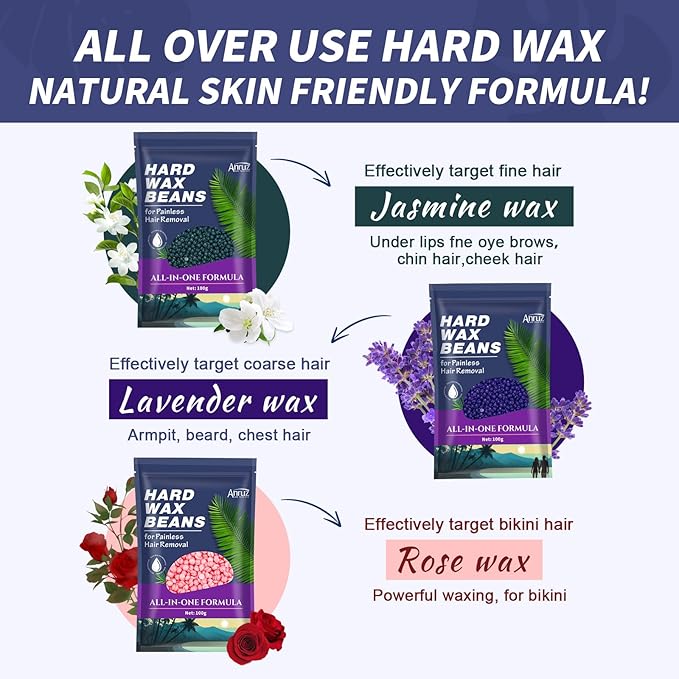 Waxing Kit for Women Men - Wax Kit for Hair Removal with Silicone Bowl,4 Bags Hard Wax Beads and 30 Applicator Sticks - at Home Use Wax Warmer for Full Body,Bikini,Eyebrow,Face, Sensitive Skin