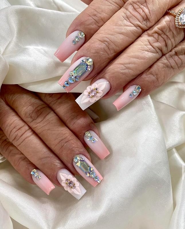 Sett 3D Acrylic Pink Flower Nail Art Charms Handmade by Acrylic Powder - 24pcs 3D Flowers Nails Rhinestones Kit 3D Crystal Nail Pearls Design Acrylic Nail Art for Women (Pink)