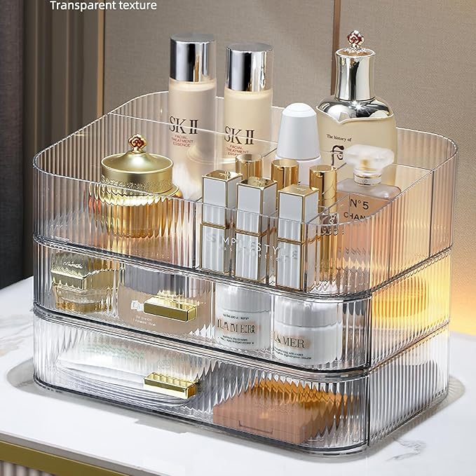 Clear Makeup Organizer for Vanity, Large Desk Organizer with Stackable Drawer for Cosmetics, Skincare, Lipsticks, Palette, Nail Care, Ideal Storage for Dresser and Bathroom Countertop