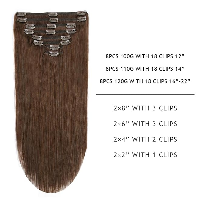 YILITE Clip in Hair Extensions 120g 8Pcs/Pack Chocolate Brown Double Weft Silky Straight Remy Human Hair Thick Clip in Real Hair Extensions for Women (16inches #4 Medium Brown)