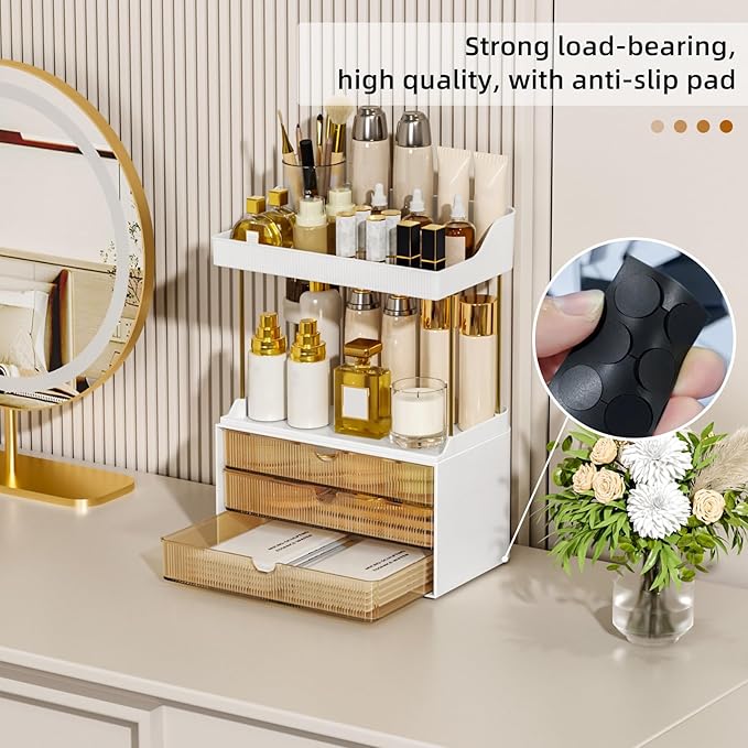 3 Drawers Makeup Organizer - 5 Tier Bathroom Organizers and Storage, Versatile Perfume Organizer, Vanity Organizer, Ideal for Cosmetic, Large Skincare, Face Mask, Office Supplies, Amber