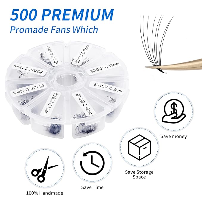 Volume Lash Extensions 8D Premade Fans Eyelash Extensions 500 PCS 0.07mm 9-16mm Mixed C/D Curl Short Stem Premade Volume Eyelash Extensions Pointed Base Fans (500PCS-8D-0.07-D, 9-16mm Mixed Tray)