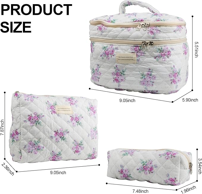 Dual Layer Cute Makeup Bag for Women(3 Pcs), Quilted Floral Coquette Aesthetic Make up Bags, Travel Cosmetic Bags Toiletry Organizer Bag(Purple Grass)