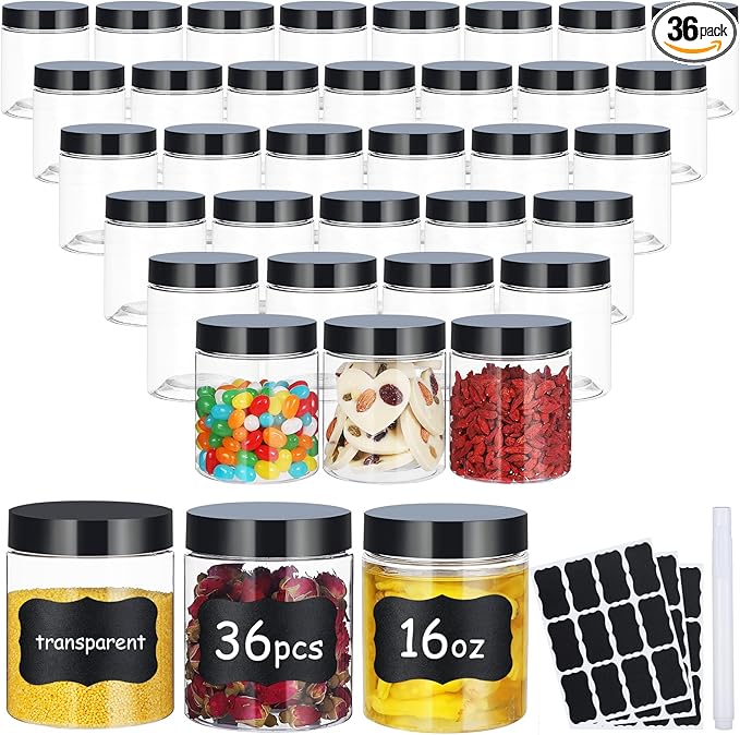 36pcs 16 oz Plastic Containers with Lids Pen Labels Leak Proof BPA Free Airtight Refillable Clear Small Containers Storage Jars for Storing Dry Food Makeup Slime Honey Jam,black