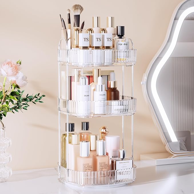 Delamu Rotating Bathroom Countertop Organizer, Large Capacity 3-Tier Multi-Function Storage for Cosmetics, Skincare, and Perfume, Makeup Organizer Countertop Ideal for Dresser, Bathroom,Vanity, Clear