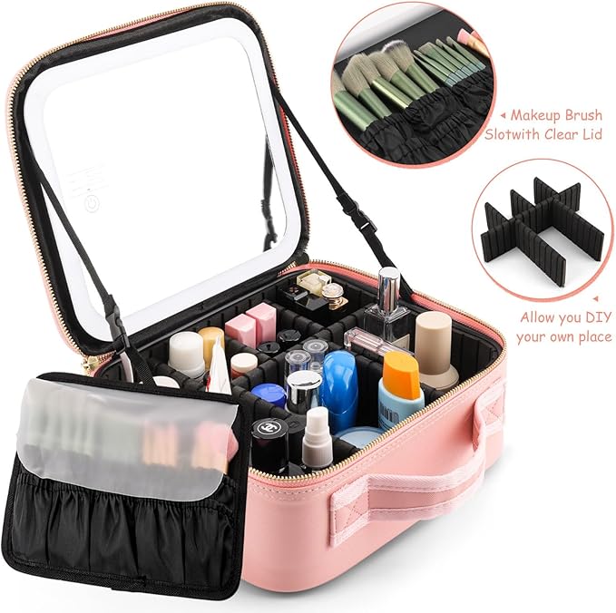 Makeup Bag With Mirror is with Waterproof Design, Best Gift is Makeup Case With Lighted Mirror.Make Up Bag With Mirror And Light 3 Color Scene (pink)