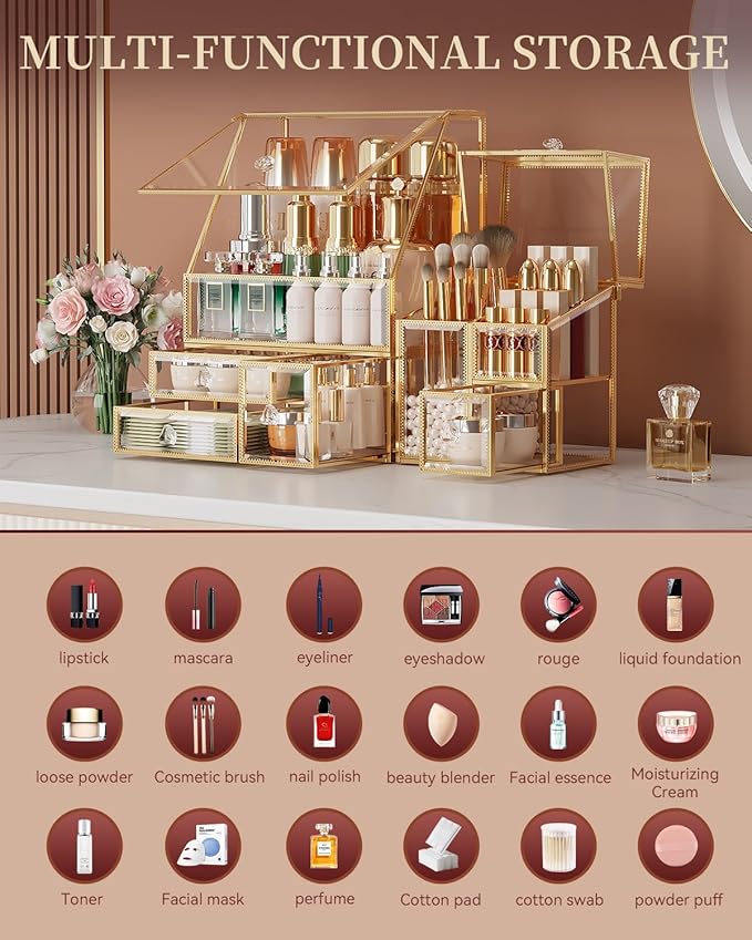 Clear Makeup Organizer with Gold Frame – Countertop Vanity Organizer for Skincare, Lipsticks, Perfume & Brushes – Bathroom Cosmetic Storage Display Box