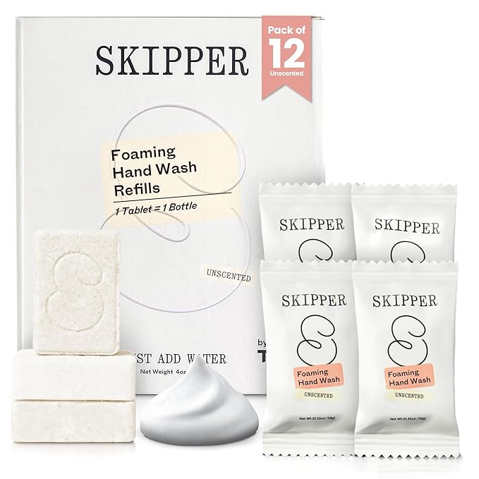 Tirtyl Skipper Foaming Hand Soap Tablet Refills - 12 Pack - 4oz fl total (12x 0.4 fl oz) - Rebranded - Compostable Packaging - Unscented