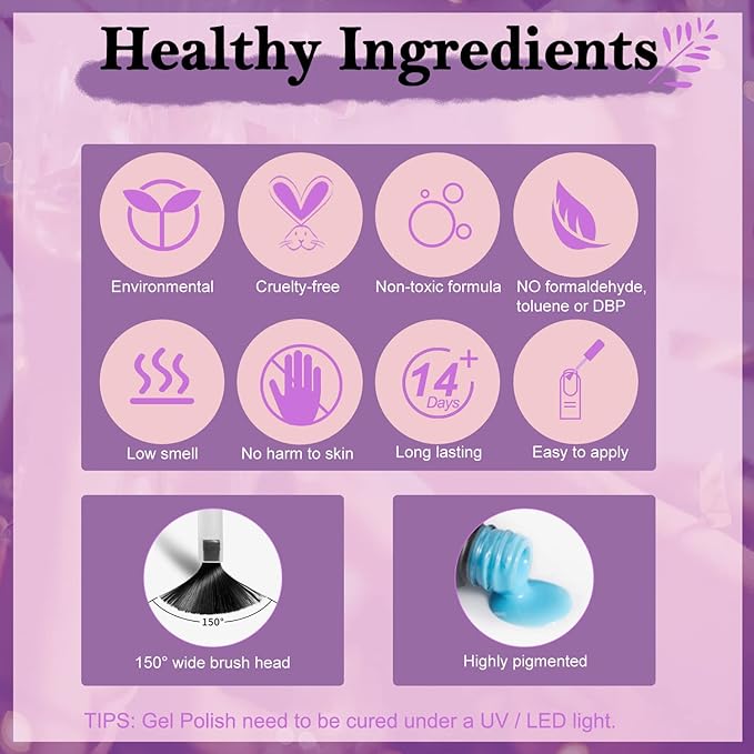 Lavender Violets 30 Pcs Gel Nail Polish Set, 27 Colors Purple Blue Brown Red with Glitter Glossy Matte Gel Base and Top Coat Set for Nail Art C975