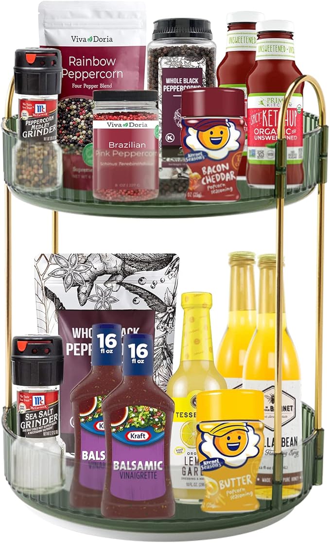 360° Rotating Makeup Organizer, Bathroom Make Up Spinning Holder Rack, Large Capacity Cosmetics Storage Vanity Shelf Countertop, Fits Cosmetics, Perfume, Skincare, Lipsticks(2 Tiers, Green)