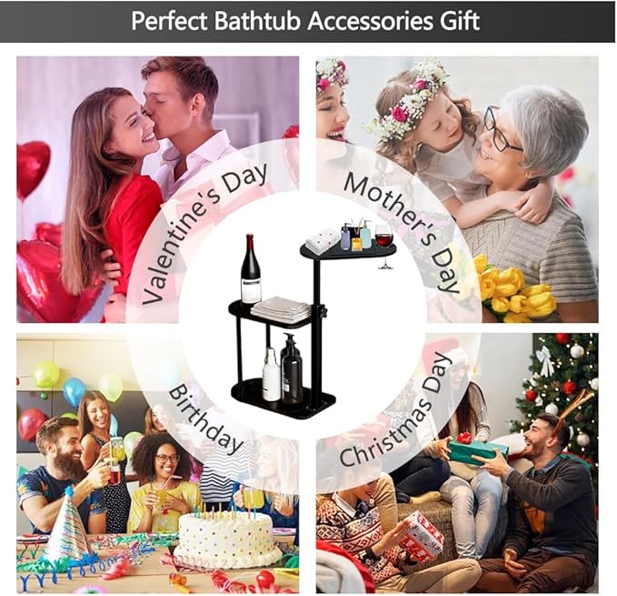 3 Layer Bathtub Tray Table,Bamboo Swivel Bathtub Side Table Height Adjustable,Freestanding Bathtub Tray for Tub Against Wall,Bathtub Accessories&Bathroom Organizer for Luxury Home Spa-Black