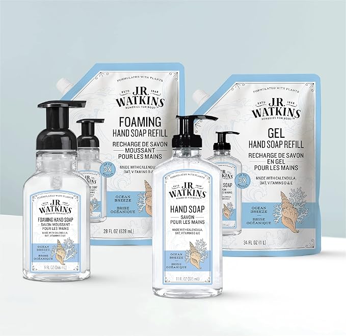 J.R. Watkins Foaming Hand Soap Refill, Moisturizing Foam Hand Wash, All Natural, Alcohol-Free, Cruelty-Free, USA Made, Ocean Breeze, 28 fl oz, 3 Pack