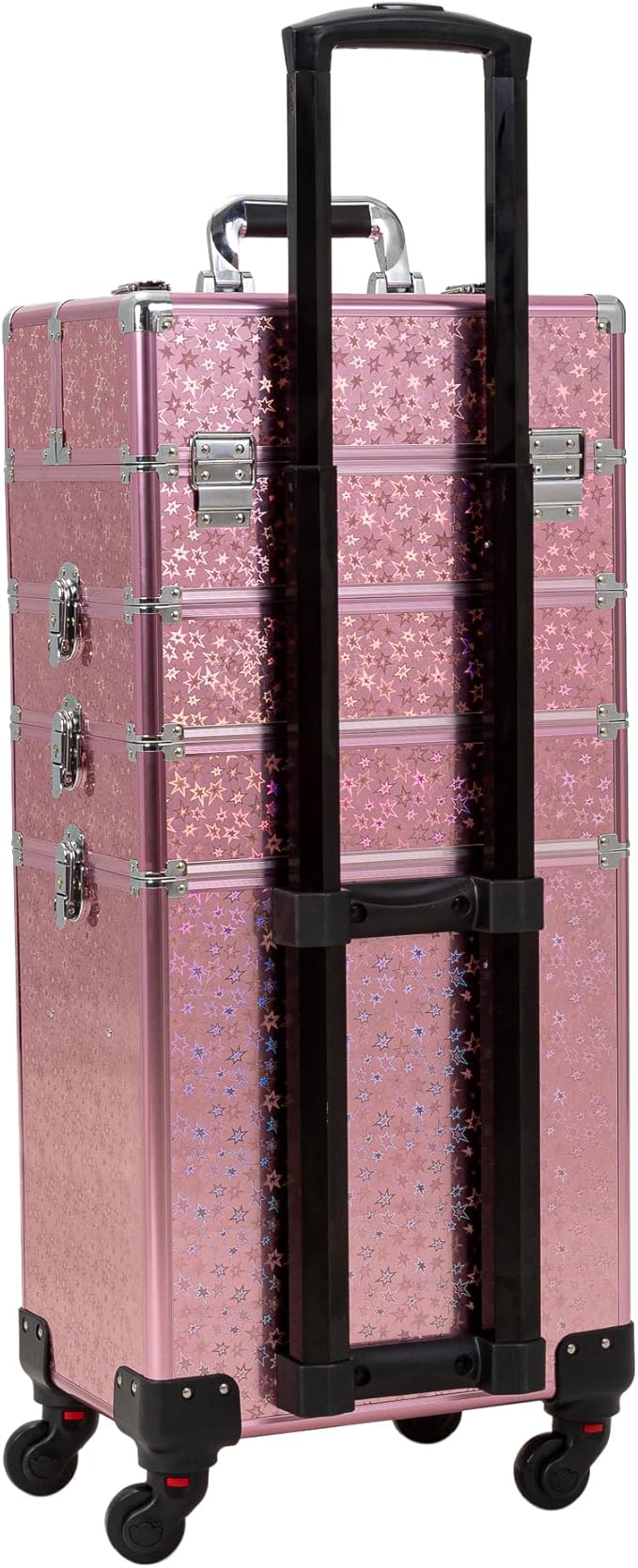 4 in 1 Portable Traveling Aluminum Professional Makeup Trolley Cart with Multiple-Sized Compartments and Wheels (pink with star)