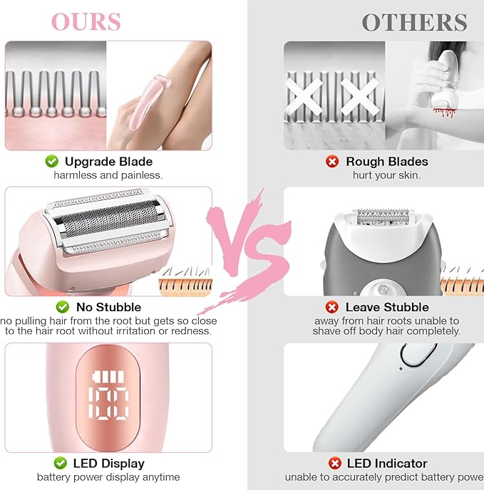 Electric Razors Shaver for Women, 2-in-1 Womens Electric Razor for Leg Arm Face, Cordless Bikini Trimmer Hair Removal for Women with Detachable Head, Painless,IPX7 Waterproof,Wet & Dry,Pink