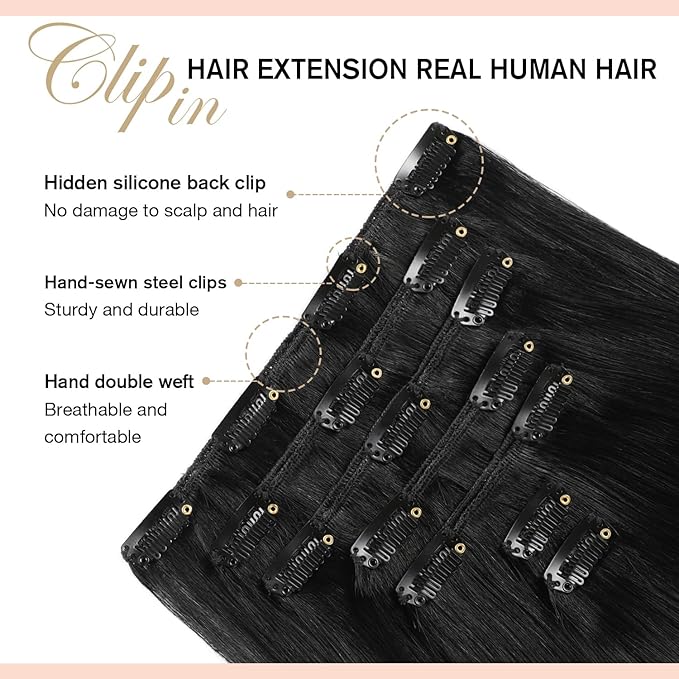 YILITE Clip in Hair Extensions Real Human Hair 18inch 80g 7Pcs #1 Jet black Remy Human Hair Extensions Clip ins for Women Natural Human Hair
