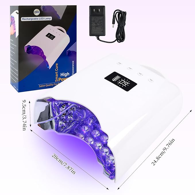 Professional UV LED Nail Lamp, Cordless Rechargeable UV Light for Gel Nails, 78W Fast Curing Gel Nail Light with 4 Timer Setting LCD Display, Auto Sensor and Spacious Interior(White)