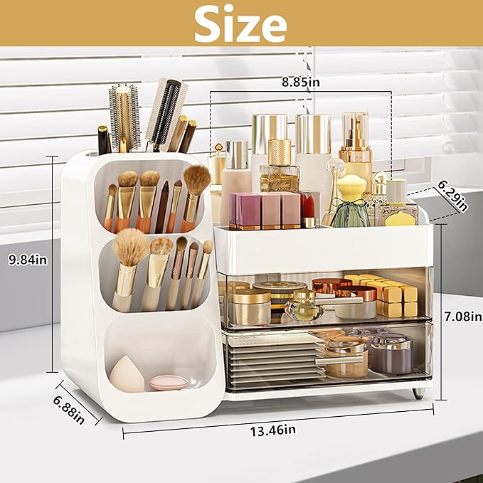 Makeup Organizer with Drawers – Large Cosmetic Storage Box for Vanity, Bathroom, or Bedroom, Perfect for Skincare, Brushes, Lipstick, Eyeshadow,and Beauty Essentials (White)