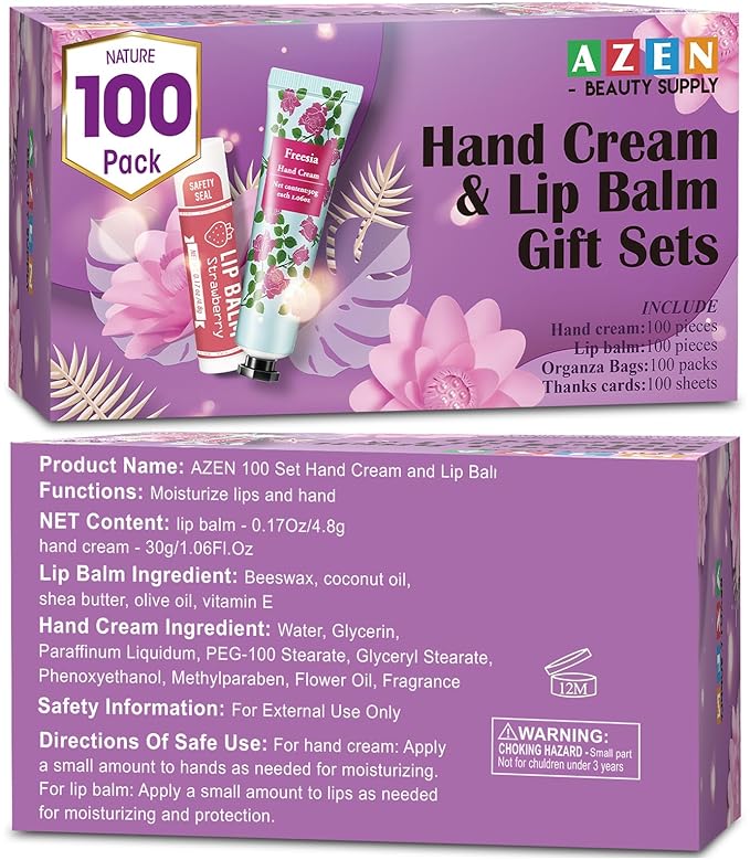 AZEN 100 Sets Hand Cream and Lip Balm Set with Organza Bag Thank You Card, Baby Shower Wedding Gifts for Guests, Bridal Souvenirs for Colleagues Employee Coworkers, Party Favor for Female Friends