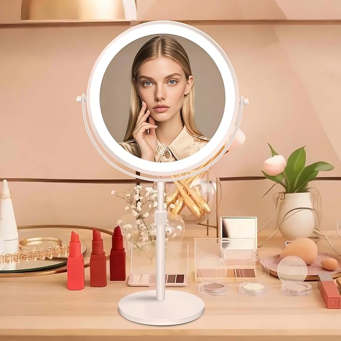 10x Large Lighted Makeup Mirror, Rechargeable 8.7" Double-Sided Vanity Mirror with 3 Color Dimmable Lights, 1X/10X Height Adjustable Magnifying Mirror, 360° Swivel, for Women Girl(White)